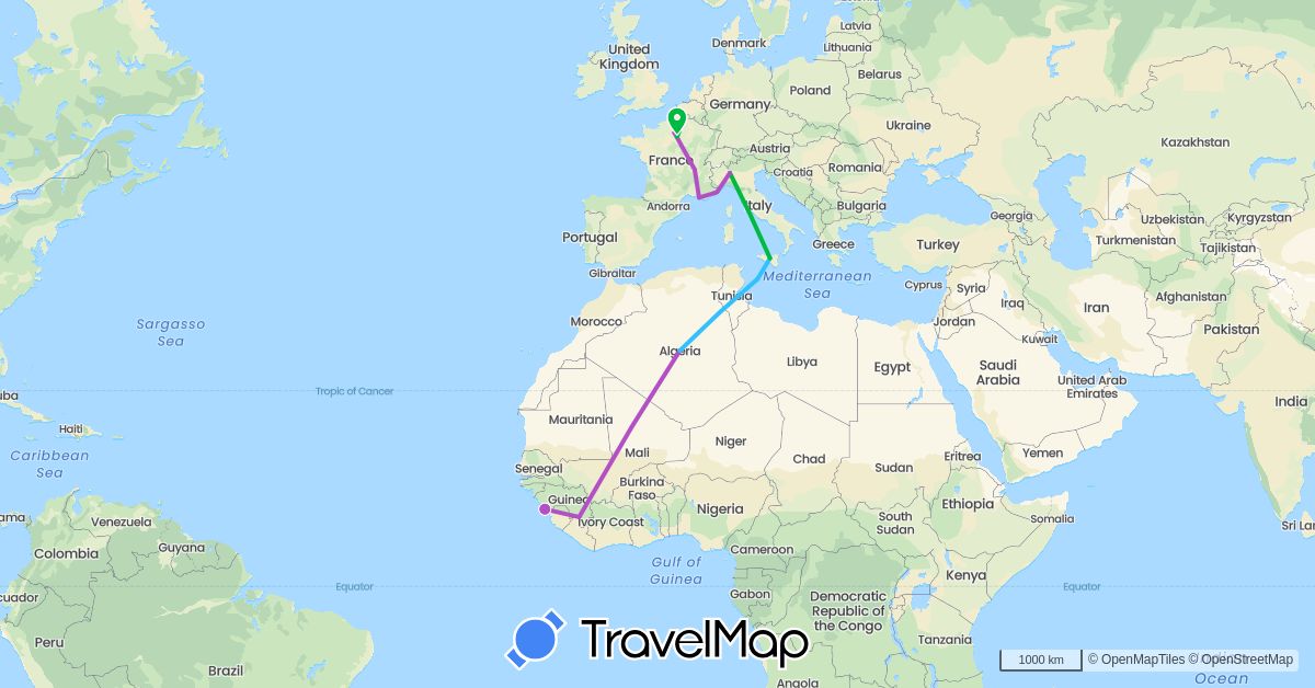 TravelMap itinerary: driving, bus, train, boat in Algeria, France, Guinea, Italy (Africa, Europe)