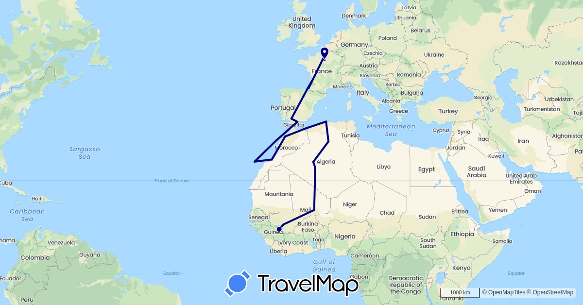 TravelMap itinerary: driving in Algeria, Spain, France, Guinea, Morocco, Mali (Africa, Europe)